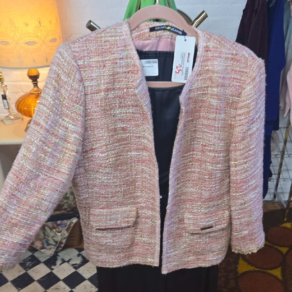 DKNY Pink Multicolor Tweed Open-Front Jacket 3/4 Sleeve